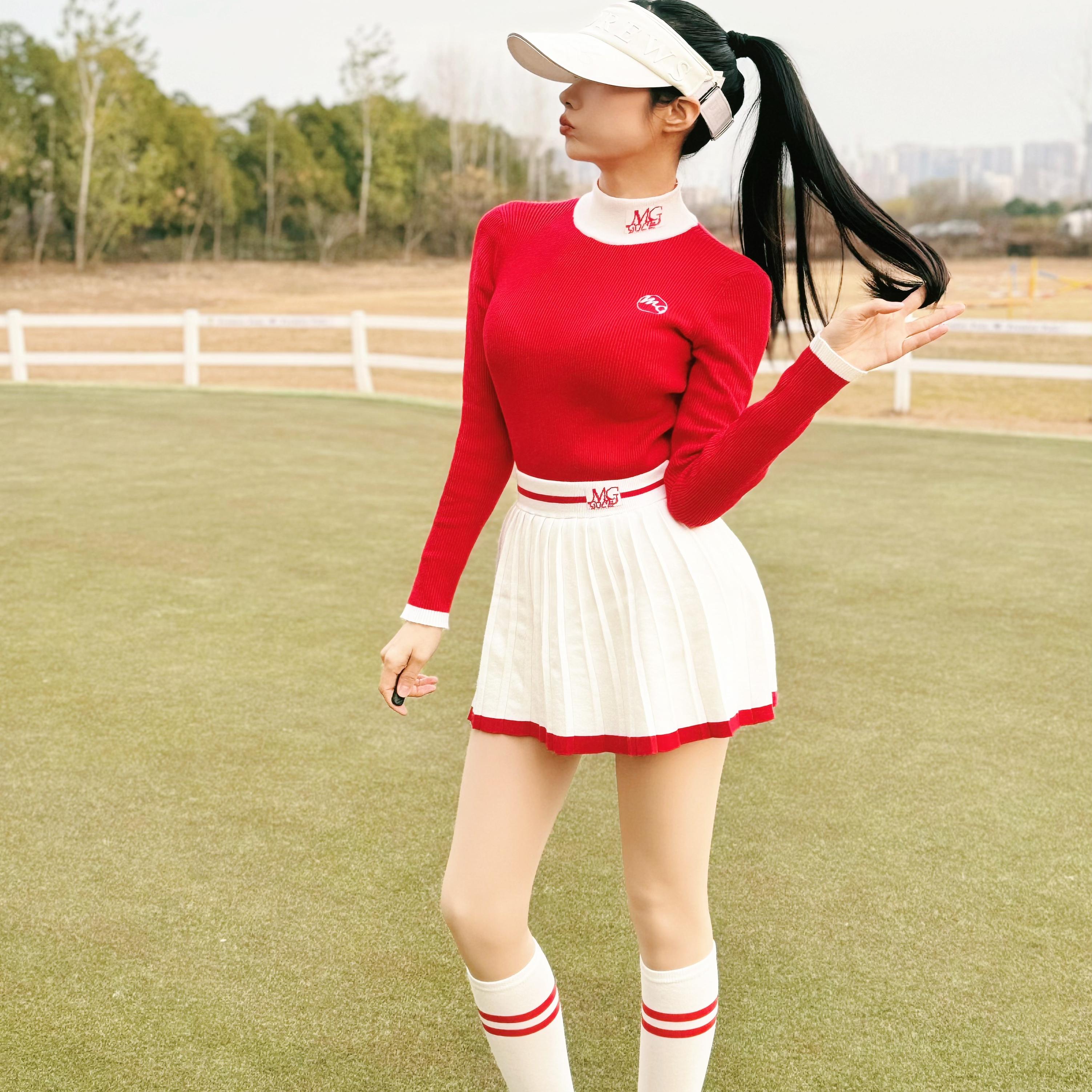 高尔夫女装套装红色运动休闲长袖