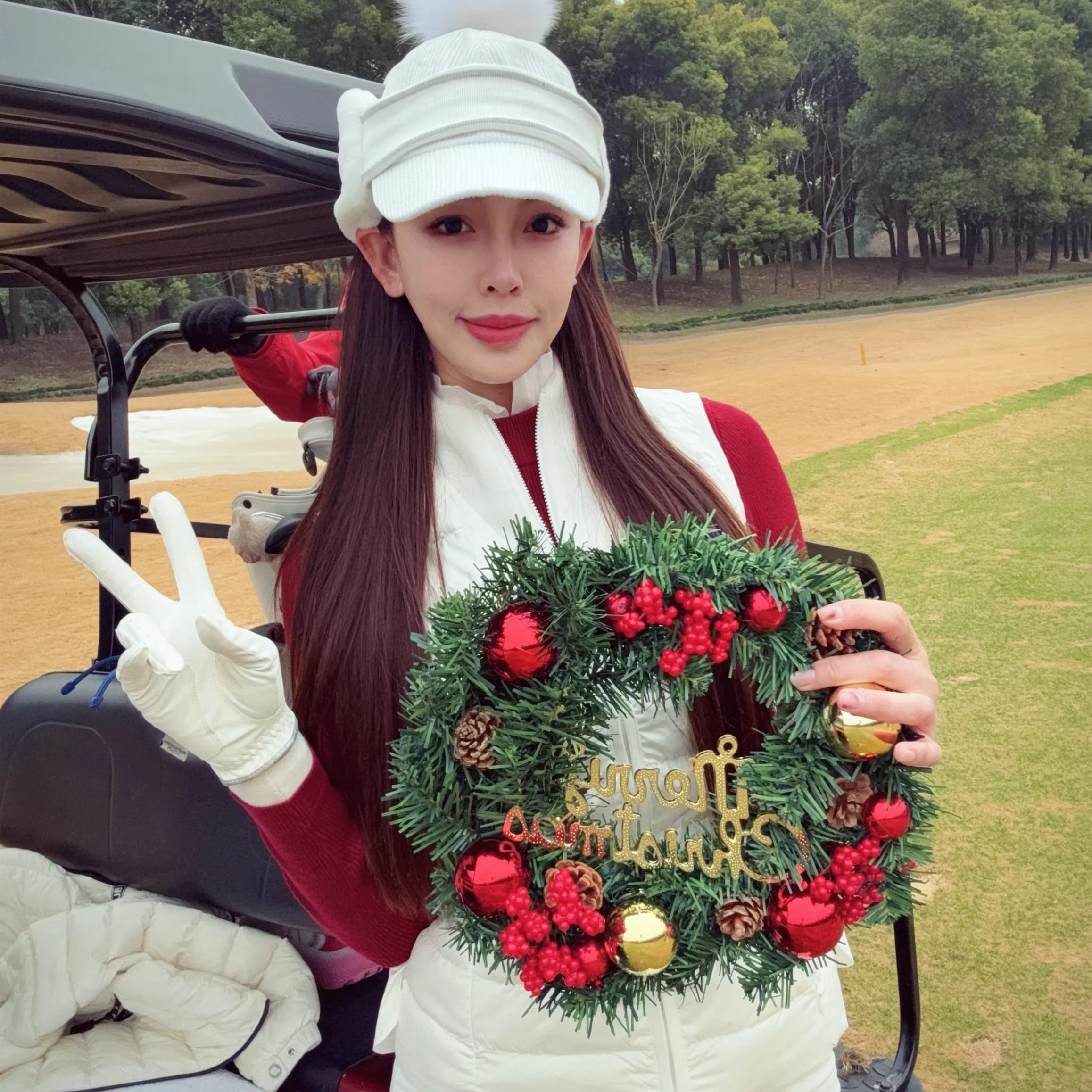 MG高尔夫女装秋冬节日圣诞新年套装外套韩国红色衣服裤子保暖户外