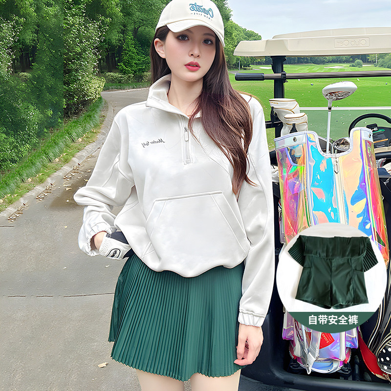 高尔夫秋季新款女高领半拉卫衣裙套装户外网球时尚修身短裙含底裤
