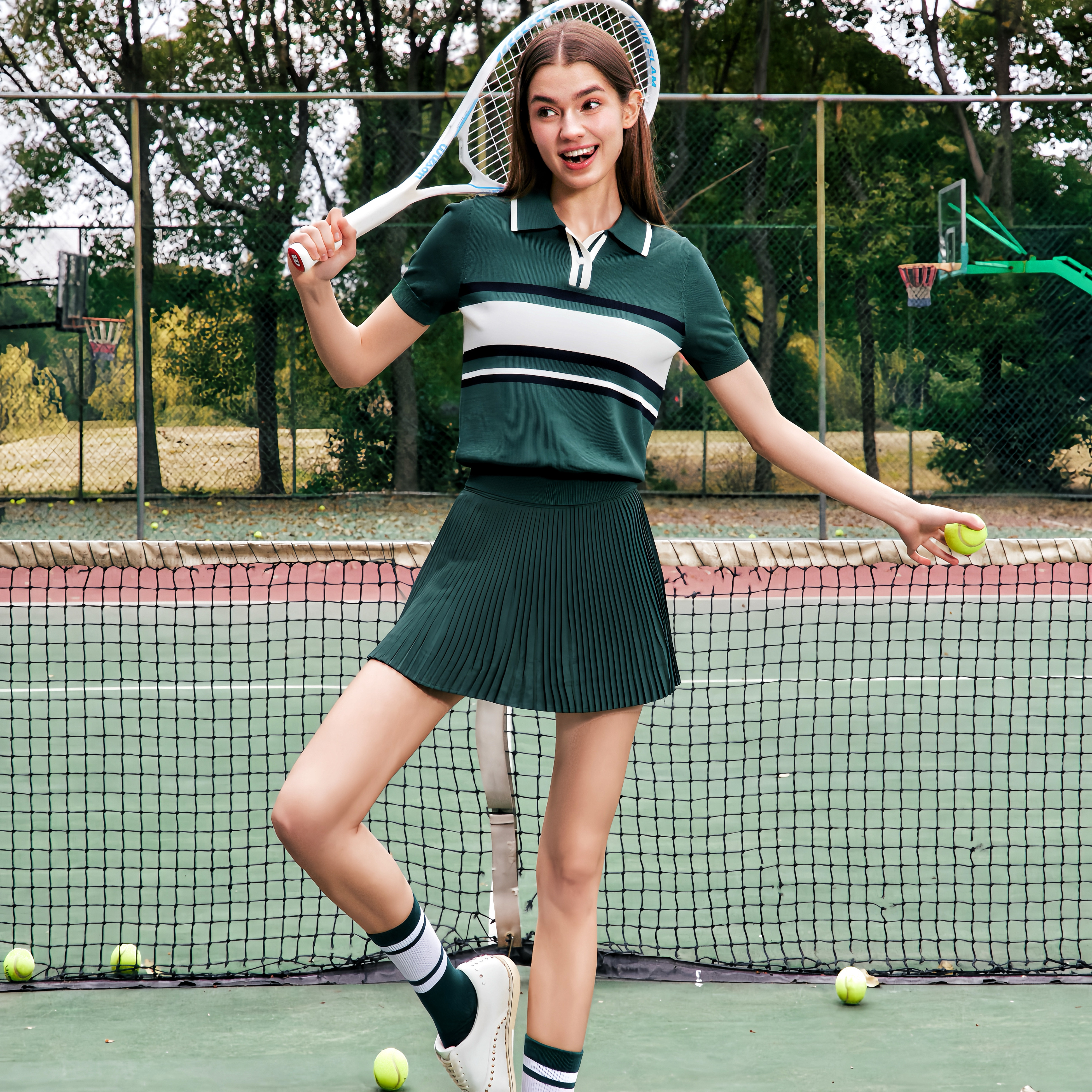 夏季翻领高尔夫女短袖套装墨绿色