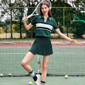 夏季翻领高尔夫女短袖套装墨绿色
