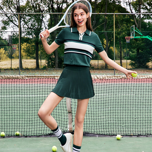 夏季翻领高尔夫女短袖套装墨绿色