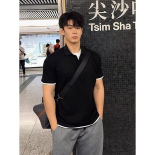假两件短袖 男款 美式 polo衫 口t恤健身性张力穿搭上衣 夏季 垫肩收袖