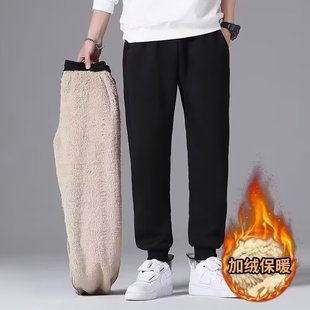 宽松简约纯色长裤 秋冬季 运动裤 加绒休闲束脚裤 男日系风羊羔绒大码
