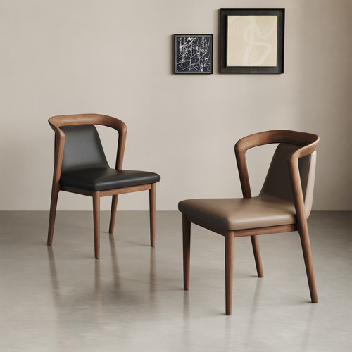 北欧意式极简实木皮质餐椅