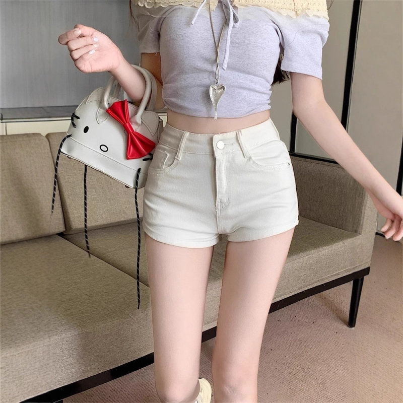 简约白色高腰牛仔短裤女夏季大码胖mm新款辣妹紧身显瘦弹力包臀裤