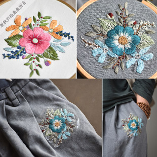 春园刺绣衣服手工DIY 松果果刺绣材料套件 蓝花水溶纸刺绣套件含