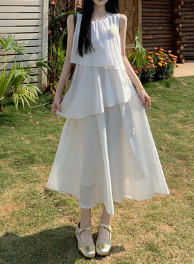 气质孕妇夏天连衣裙2025新款时尚初恋风白色裙法式拼接雪纺蛋糕裙
