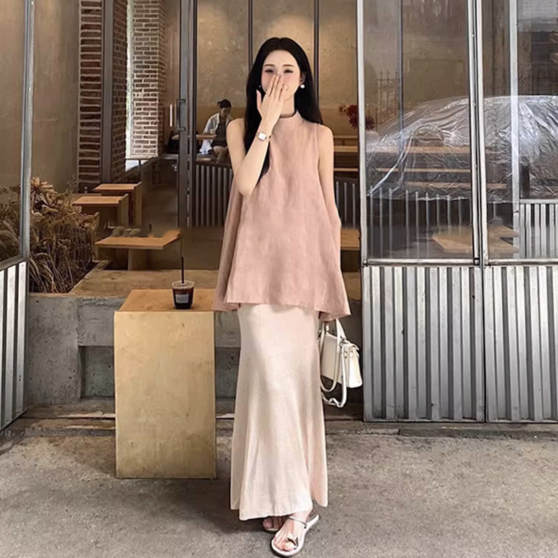 孕妇装夏装无袖背心套装2025新款法式简约挂脖上衣修身包臀半身裙