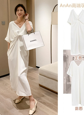 孕妇连衣裙时尚洋气时髦辣妈白色长款长裙高端气质V领扭结t恤裙子