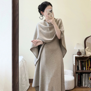 法式 孕妈针织短袖 大披肩开衫 款 连衣裙 长外套时尚 高级感孕妇秋冬装