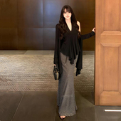 慵懒风挂脖上衣百搭开衫 2026新款 条纹半裙 春夏裙子套装 时髦孕妇装