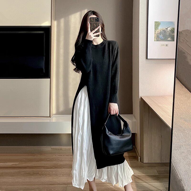 设计感孕妇开叉毛衣裙套装2025年秋季复古针织裙冬天百褶裙两件套