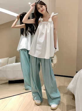 时髦孕妇吊带背心外穿2024夏季新款小个子甜美白色无袖显瘦阔腿裤