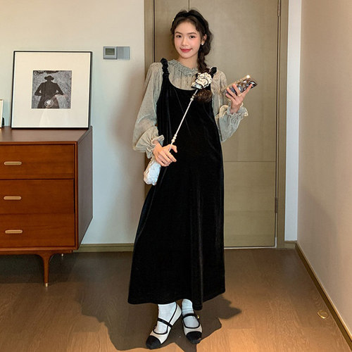 孕妇秋季丝绒吊带连衣裙叠穿上衣