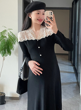 孕妇装新款春装打底针织裙高端大气黑色裙修身弹力紧身拼接蕾丝裙