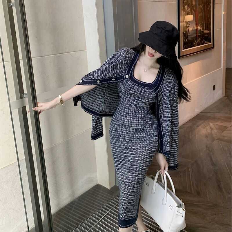 高级感孕妇装春装条纹裙子套装时髦名媛紧身针织背心裙小香风外套