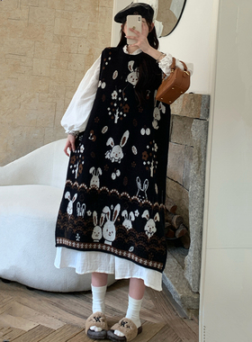 复古风孕妇秋冬装毛衣长裙套装时尚款针织提花马甲裙子白色衬衫裙