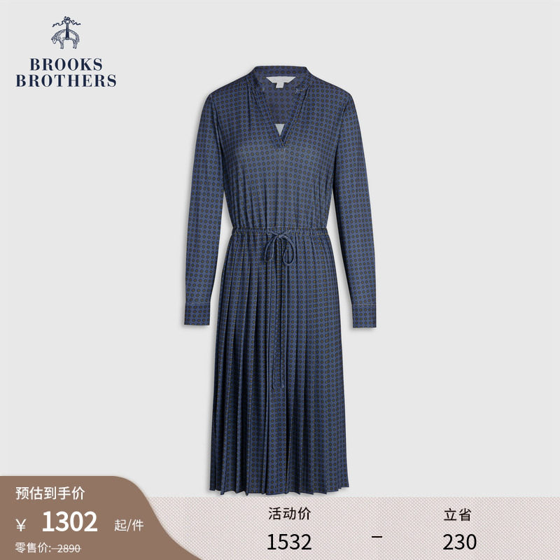 Brooks Brothers/布克兄弟女士春夏款不规则几何印花百褶连衣裙