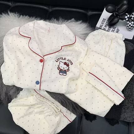 圆点刺绣KT猫三件套睡衣女款薄夏季云朵棉短袖学生开衫棉绸家居服