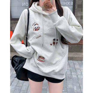 日系学院风可爱kitty猫刺绣卫衣男女秋冬慵懒高级感加绒连帽外套
