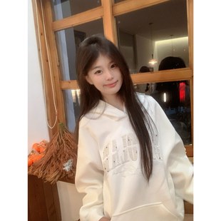 潮牌高级感刺绣连帽卫衣女秋冬慵懒风情侣高街小众设计感外套 美式