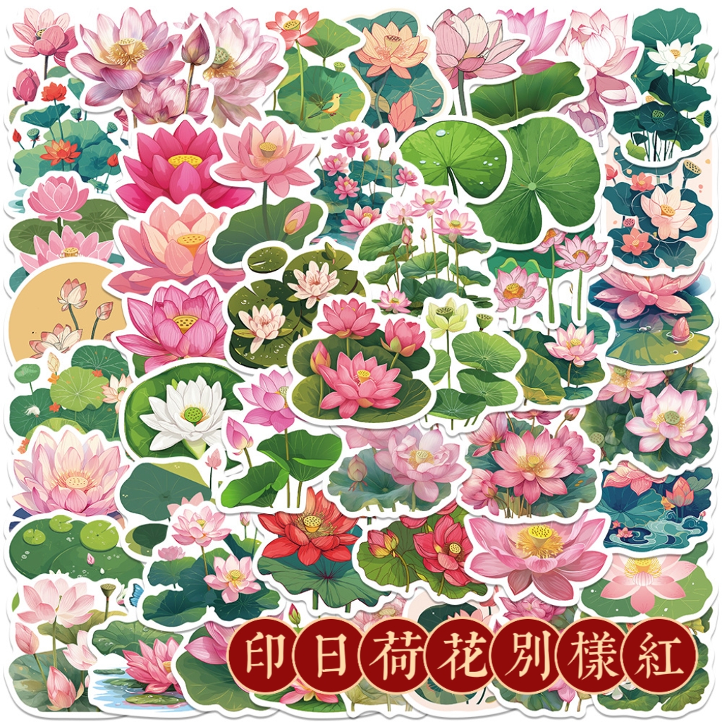 50张卡通美丽的荷花贴纸小清新植物花卉国风荷叶莲花装饰防水贴画图片