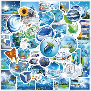 55张Frutiger Aero美学贴纸蓝色小清新装饰吉他水杯手机防水贴画