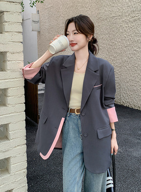 实拍灰色时尚拼接撞色西装外套女春秋2026新款宽松气质高级感西服