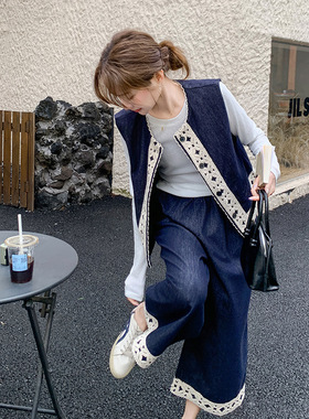 实拍轻熟风休闲显瘦牛仔马甲气质阔腿裤三件套女春季新款时尚套装