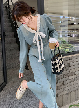 实拍法式气质花边v领牛仔连衣裙女2026春秋季新款收腰显瘦长裙子