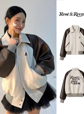 韩国rest拼接棒球服女宽松秋冬夹克RR毛呢短外套潮小个子辣妹装