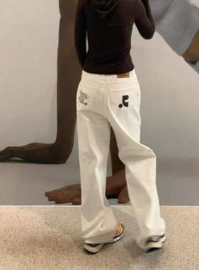 韩国Rest白色牛仔裤RR直筒阔腿拖地休闲裤子春夏潮andrecreation
