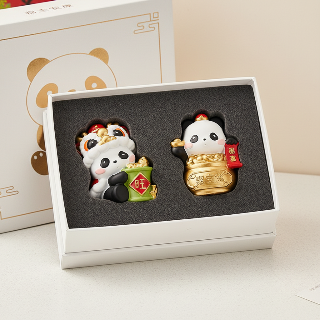国潮手绘熊猫财神树脂摆件礼盒
