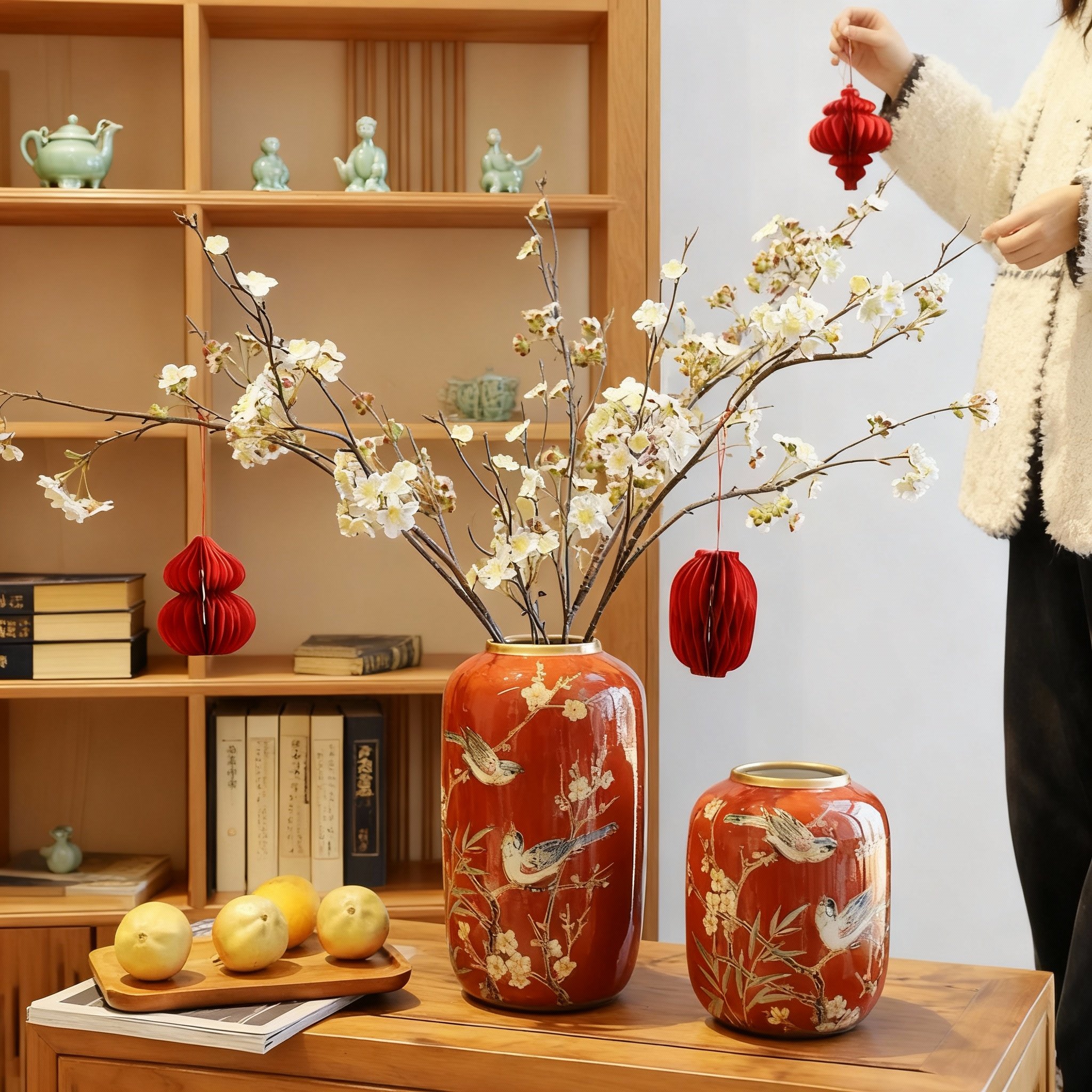 新中式陶瓷花瓶手绘花鸟图案客厅桌面摆件红色装饰品,家居饰品,桌面摆件,淘宝优惠券,粉丝福利购,淘宝优惠卷