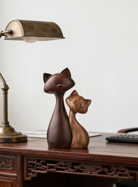 木雕猫咪摆件一对家居装饰品