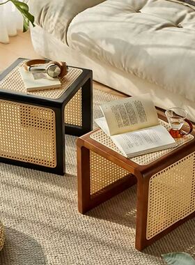 日式实木藤编茶几客厅小户型