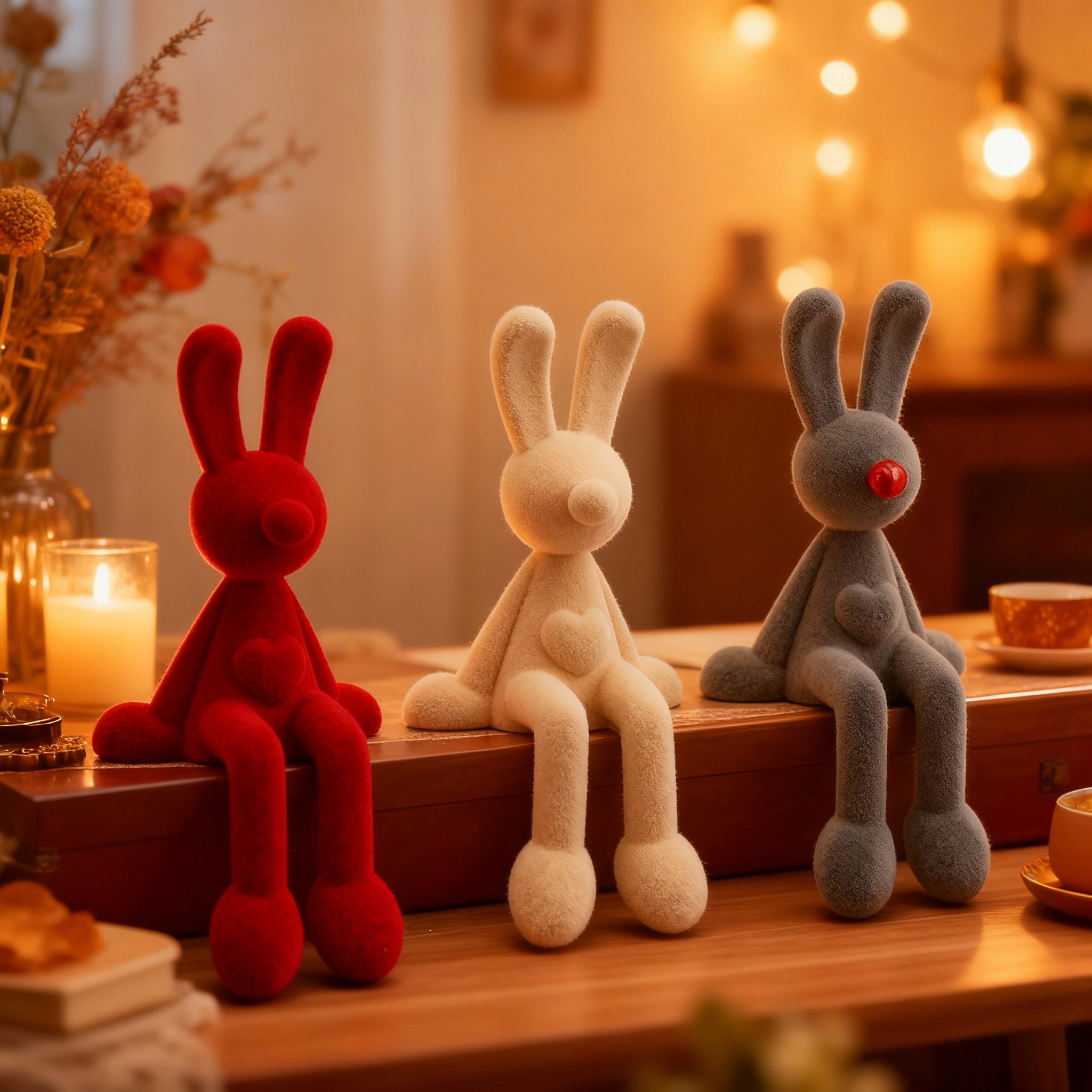 软萌治愈兔子树脂毛绒桌面摆件