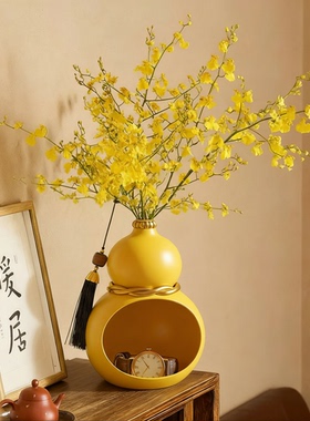 新中式陶瓷花瓶黄色双层圆形储物摆件客厅装饰品