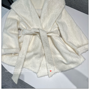 双C高端定制女装25冬拉毛温柔粉色毛绒宽松连帽大衣欧货羊绒外套