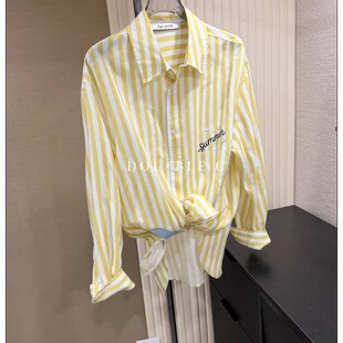 双C高端定制2026新品春黄白条纹亚麻衬衫宽松落肩刺绣贴布防晒衫