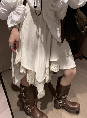 秋季新款森系复古度假风不规则镂空蕾丝拼接亚麻半身裙女A字中裙