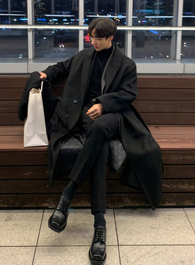 MYQ毛呢大衣男冬季韩版高级感过膝风衣宽松复古加厚呢子外套潮