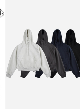 美式高街复古套头半拉链连帽卫衣男潮牌宽松廓形帽衫