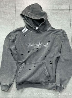 500克超重磅Tommy cash水洗做旧破坏马吉拉连帽卫衣破洞dirtyfit