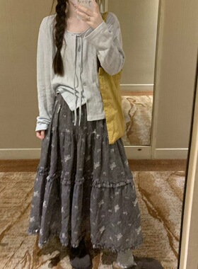 2025早秋新款复古重工艺温柔风木耳花边刺绣深灰色半身裙A字长裙