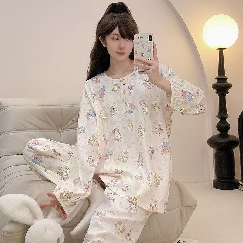 250斤宽松特大码睡衣女春秋季薄款ins风圆领套头长袖家居服套装