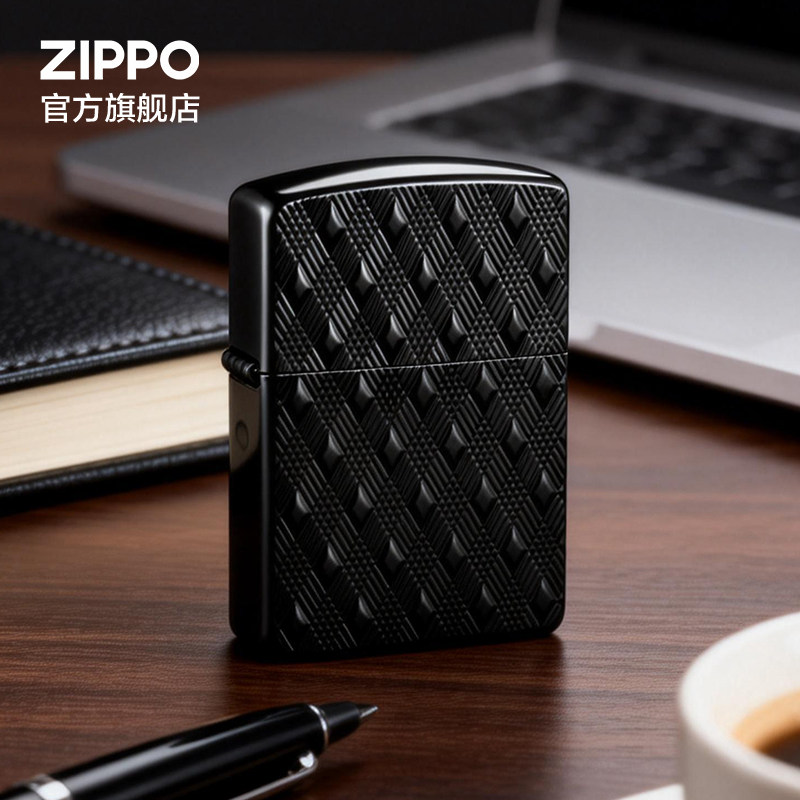 ZIPPO官方旗舰店之宝正品黑色菱格防风煤油打火机生日送男生礼物
