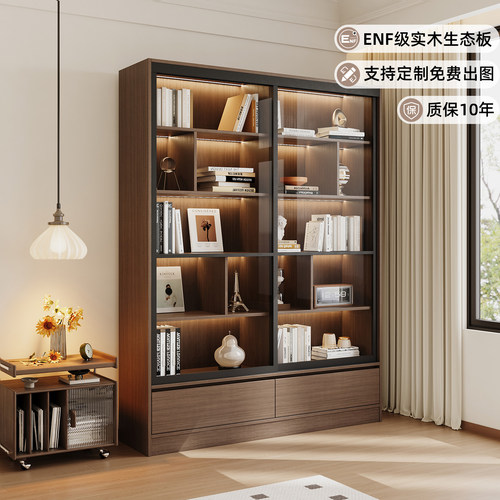 整墙一体全实木书柜带柜门家用靠墙展示柜定制柜子家庭阅读区布置