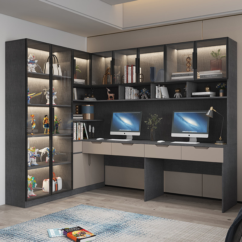 书柜书桌一体组合转角学习桌台式双人电脑桌子实木书柜书架可定制